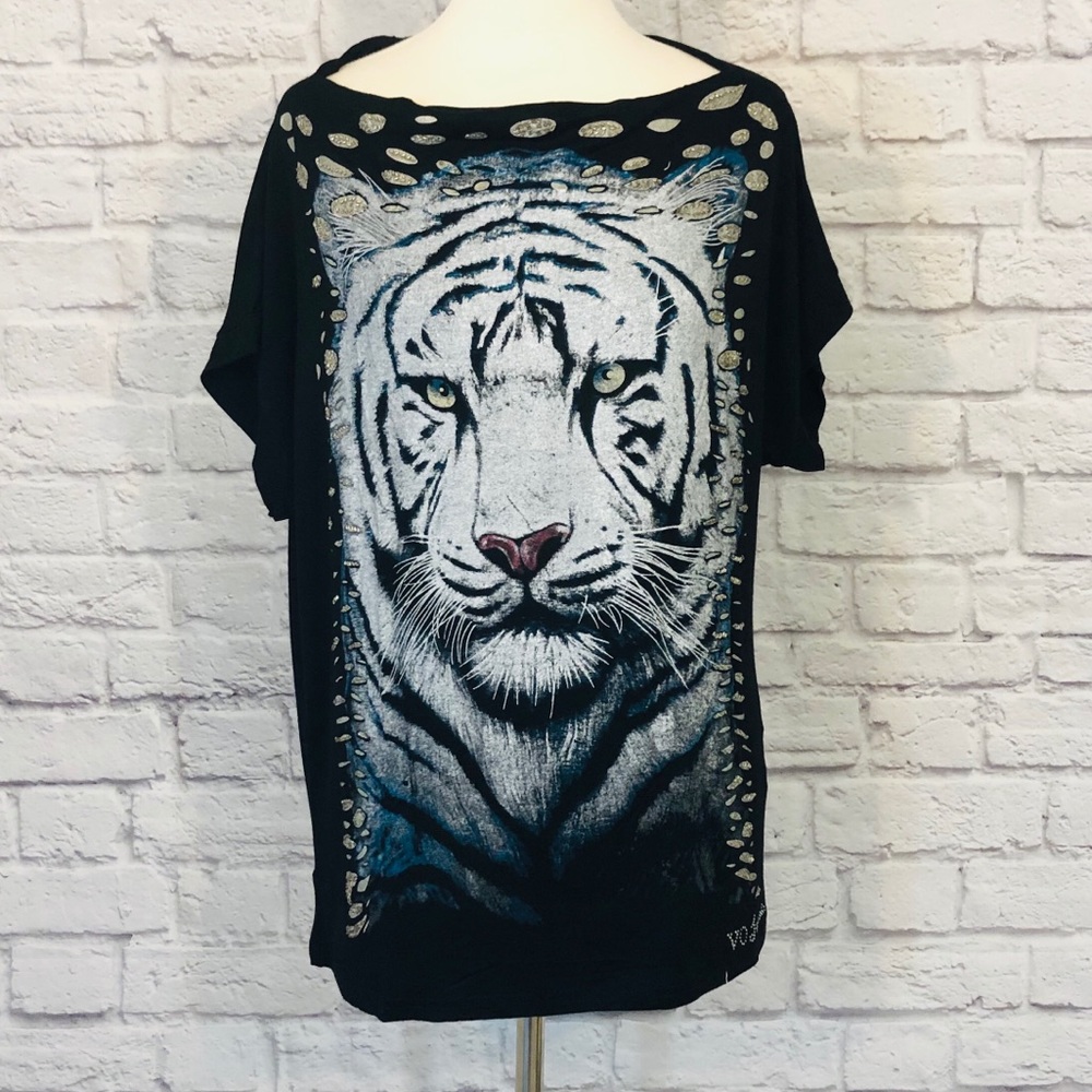 VO Jeans | Tiger Graphic Tee Hand Beaded Cowlneck